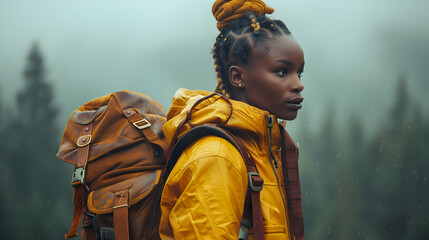 Woman Hiker Wearing Yellow Raincoat Explores Misty Forest During Rainfall, Embracing Nature's Beauty.