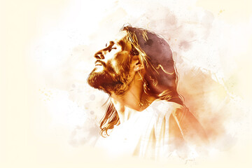 Naklejka premium A stylized artistic representation of a man with long hair and a beard, gazing upwards. The background features soft watercolor splashes in warm tones, creating a serene and contemplative atmosphere.