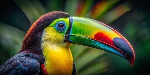 Fototapeta premium Close-up Left Profile Portrait of a Vibrant Keel-billed Toucan in Low Light, Costa Rica