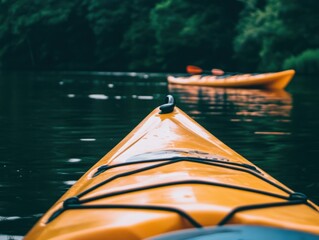 A vibrant orange kayak gliding on calm waters in nature.