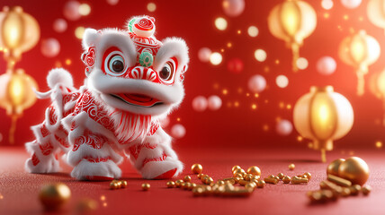 vibrant Chinese lion dance figure with red and white fur, surrounded by golden coins and lanterns, embodies joy and celebration during festive occasions