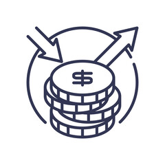 Stacked coins with arrows symbolize financial growth and investment.