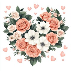 A beautiful heart-shaped floral arrangement featuring soft pink roses and white anemones, surrounded by delicate hearts, perfect for romantic themes.