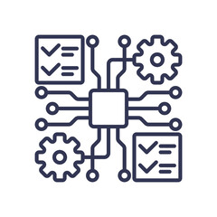 Diagram showing interconnected gears and checklists, symbolizing ALM processes.