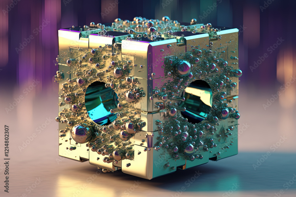 Poster Ethereal geometric sculpture with a cube shape. Shiny crystal cube structure with vibrant colors in vaporwave and y2k style.