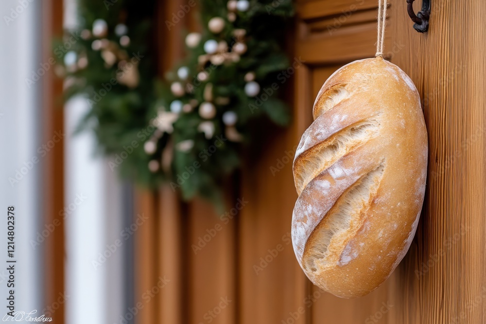 Wall mural A delightful scene showcases a beautifully crafted artisan bread dangling on a door, surrounded by a garland of festive foliage, capturing the essence of seasonal cheer.