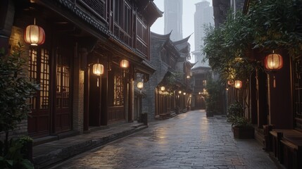 Fototapeta premium Tranquil Fusion of Old and New: Lantern-lit Cobblestone Streets with a Glimpse of Modern Skyscrapers in Soft Glow | Ultra-Detailed Image