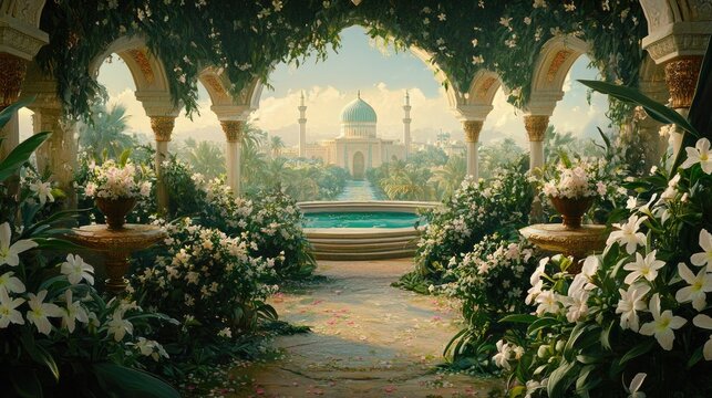 Oasis garden with mosque view, peaceful retreat, travel poster