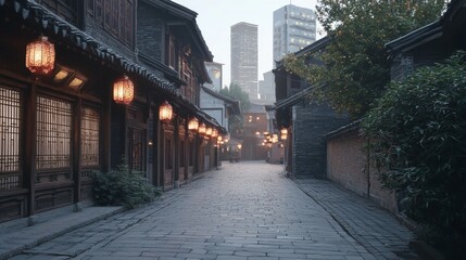 Tranquil Blend of Old and New: Lantern-Lit Quarter with Glowing Skyscrapers in Cinematic Scene