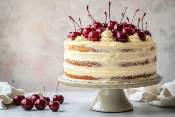 Elegant Vanilla Layer Cake with Buttercream Frosting and Fresh Cherries