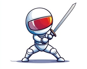 Cartoon Character in White Suit Holding Sword Ready for Battle