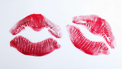 Cute female lipstick kiss marks on a white studio background