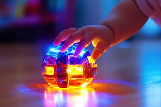 Baby reaches for colorful light-up toy on floor during playtime