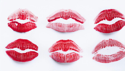 Cute female lipstick kiss marks on a white studio background