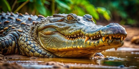 Obraz premium Close-up of a Large Alligator on the Ground in Vietnam