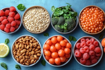 Flat Lay of Five Food Groups in Colorful Bowls on Blue Surface