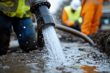 A pipe releases a steady flow of water at a busy construction site, highlighting the complexity and tools involved in infrastructure development and maintenance.