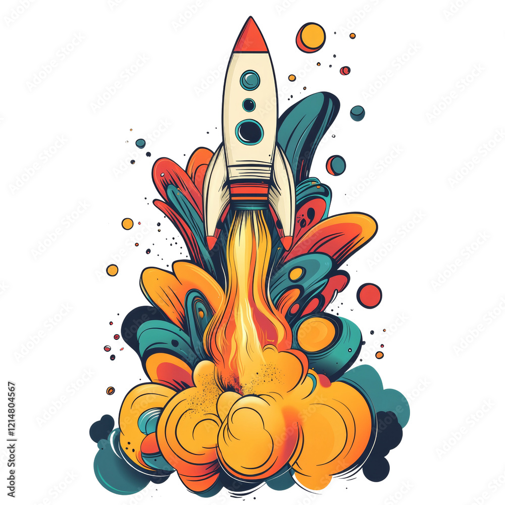 Poster a stylized retro rocket blasts off into space leaving a trail of vibrant colorful smoke and abstract