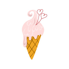 Cartoon ice cream. Cute sticker  for Valentine's day. Vector illustration