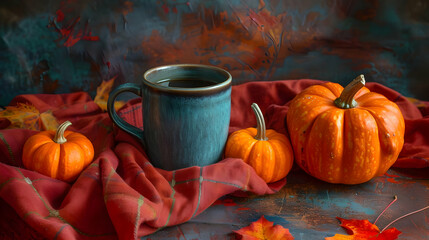 Steaming Mug Sits Amidst Pumpkins and Autumn Leaves on a Rustic Table