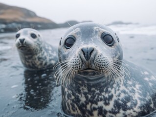 Fototapeta premium Two adorable seals peek from the shallow water on a cloudy day at the beach
