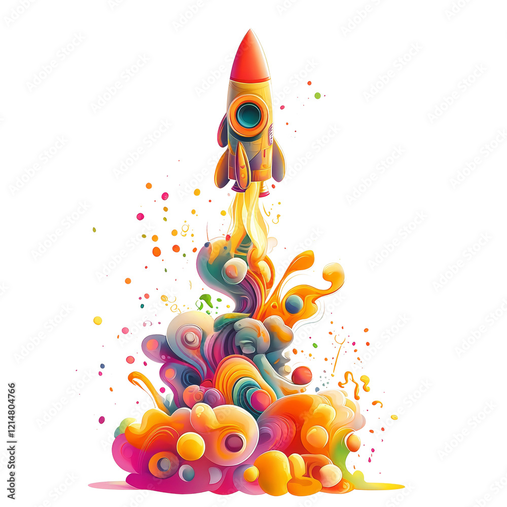 Poster A stylized rocket ascends through a dynamic explosion of colorful paint and abstract shapes symbolizing creativity and innovation.