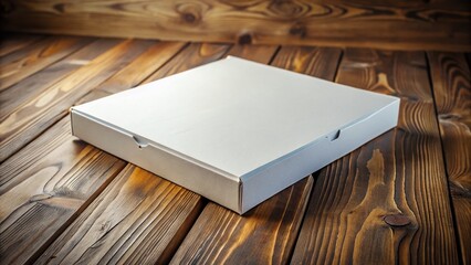 Fototapeta premium White Pizza Box Mockup: Empty Cardboard Container on Rustic Wooden Table - Perfect for Restaurant Menu Design