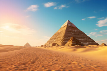 Majestic Pyramids Stand Tall in the Desert Landscape at Sunset with Golden Sand Dunes