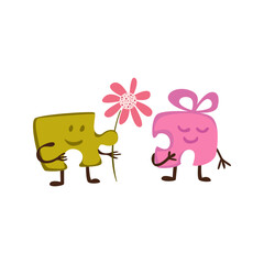 Cartoon puzzles characters, boy and girl. Vector illustration. Cute sticker  for Valentine's day. 