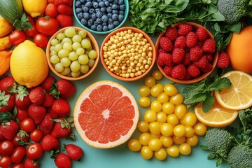 Naklejka premium Creative Flat Lay of Fresh Fruits and Vegetables Displayed Neatly