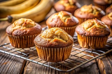 Close-up of Homemade Banana Muffins Cooling on Wire Rack - Rustic Kitchen Setting