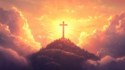 Fototapeta premium Majestic cross on a hilltop during sunrise, glowing golden rays behind, surrounded by soft clouds, symbol of hope and faith