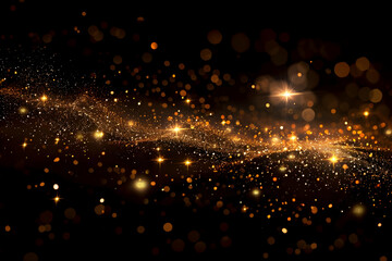 Obraz premium Golden glitter stream flows smoothly on a black background with sparkles and bokeh.