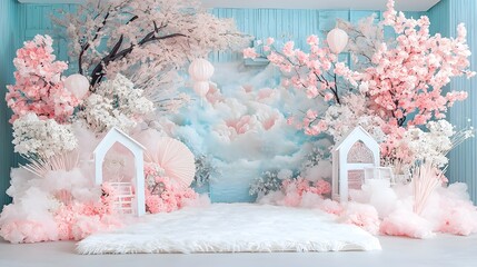 Romantic maternity backdrop featuring delicate pastel flowers gracefully flowing over an aged textured wall  Warm golden illumination adds depth and softness to the dreamy fairytale like setting