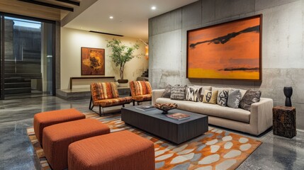 Modern Earth-Tone Interior. An earth-toned, modern living room with cozy furniture and abstract wall art. Perfect for promoting warm, inviting home spaces. gray marble flooring, concrete walls. 3D
