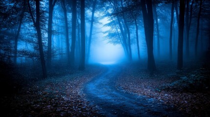 Obraz premium Mysterious Pathway Through a Forest at Night