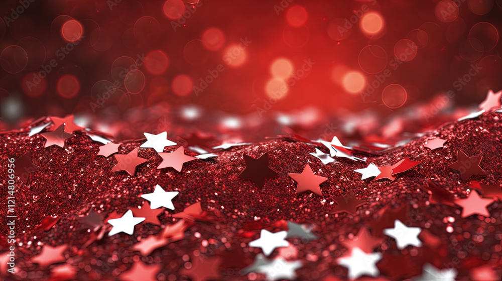 Poster Abstract shiny background with red glitter. Scattered confetti sparkles with bright and vibrant red color.