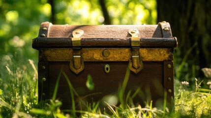 An antique treasure chest nestled in a lush green forest.
