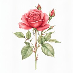 A beautifully illustrated pink rose with delicate buds and vibrant green leaves, symbolizing love and elegance, perfect for floral-themed projects.