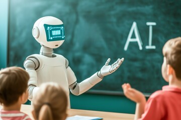 A robot teaching children about AI in classroom setting, engaging and interactive learning experience. kids are attentive and curious, fostering love for technology and innovation