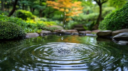Naklejka premium Water Droplet Creates Ripples in Serene Pond