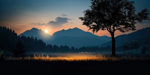 Naklejka premium carbon footprint climate measurement concept. Serene landscape at sunset with mountains, a tree silhouette, and glowing grass in the foreground.