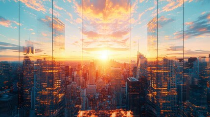 Naklejka premium A breathtaking sunset view over a city skyline, showcasing modern skyscrapers reflecting vibrant colors of the evening sky.