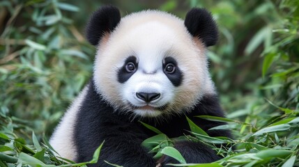 Fototapeta premium Cute Panda Cub Among Green Foliage