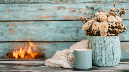 Bed and breakfast, A cozy scene featuring a knitted vase with dried flowers, a soft blanket, and a mug beside a warm fireplace, all set against a rustic blue backdrop.