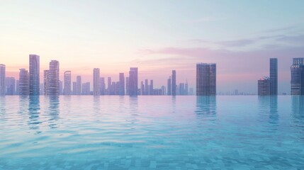 Fototapeta premium Cityscape Reflections: Rooftop Infinity Pool Serenity Amid Urban Lights