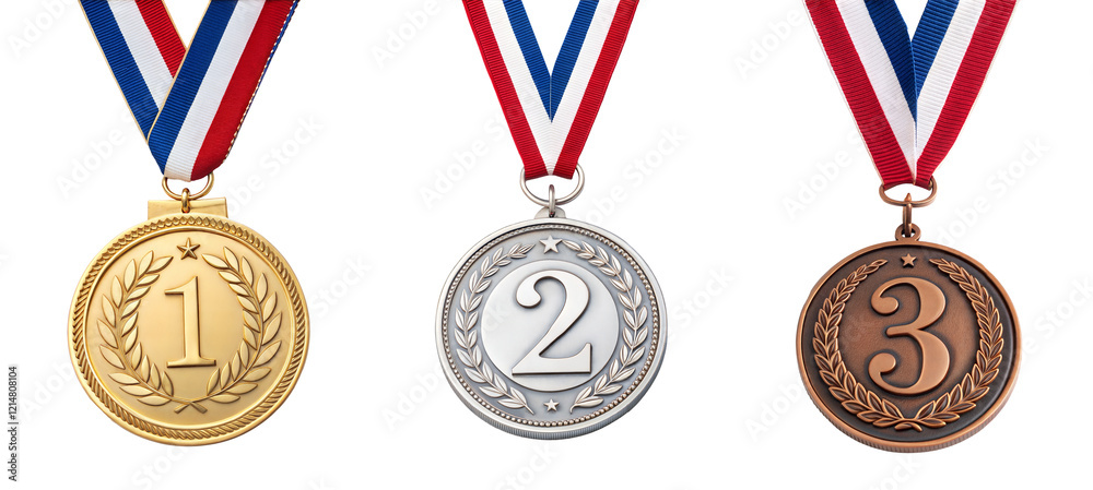 Poster Set of three medals for first three winner ,isolated on transparent background with a clipping path, cut-out.