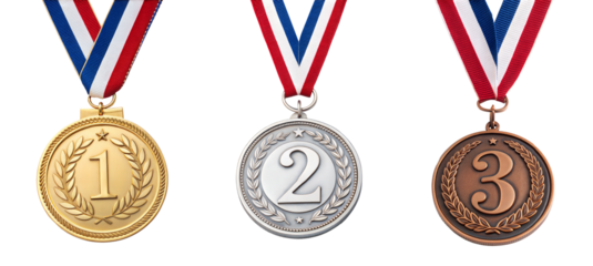 Set of three medals for first three winner ,isolated on transparent background with a clipping path, cut-out.
