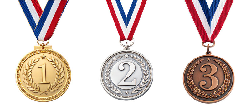 Set of three medals for first three winner ,isolated on transparent background with a clipping path, cut-out.