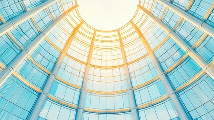 A captivating view of a modern glass building from below, showcasing the intricate design and curved lines, illuminated by natural light from above.